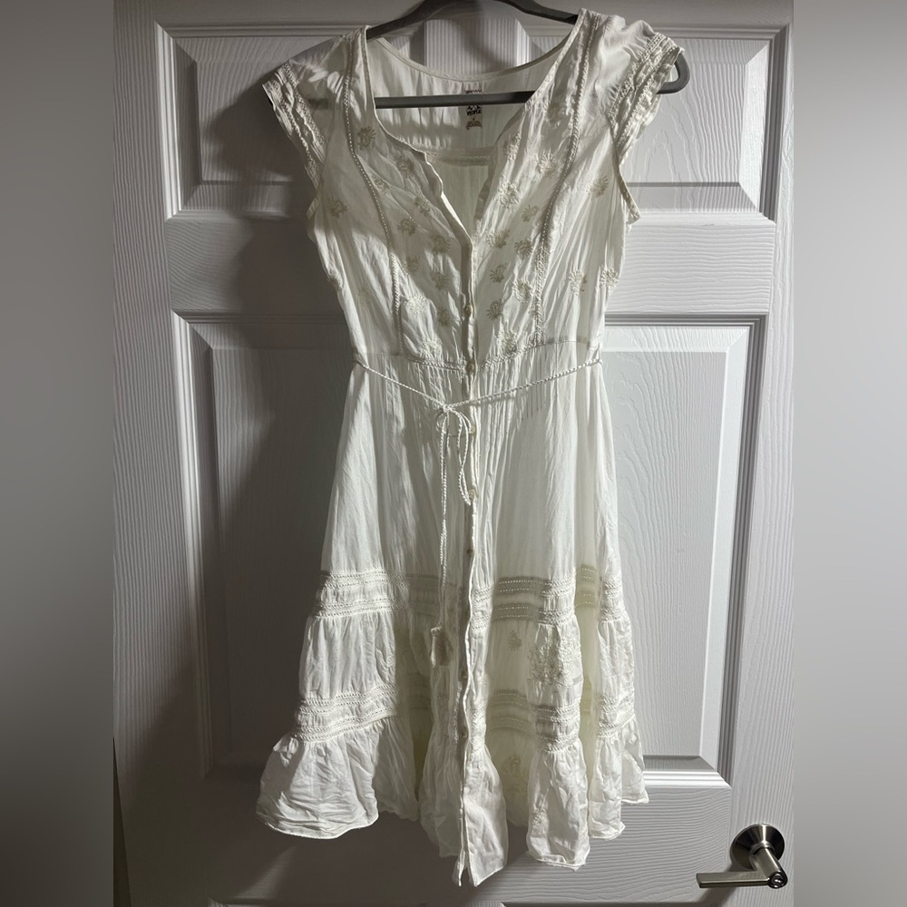 Free People White Lace Trim Button Up Mini Dress